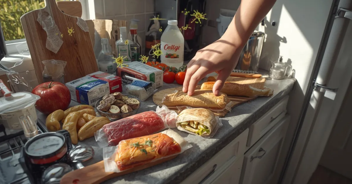 آشپزخانه با مواد غذایی روی میز، برخی بدون بستهبندی مناسب، دست انسان در حال لمس غذا، نمایش بصری میکروبها و کپکها، تمرکز روی عوامل گسترش آلودگی