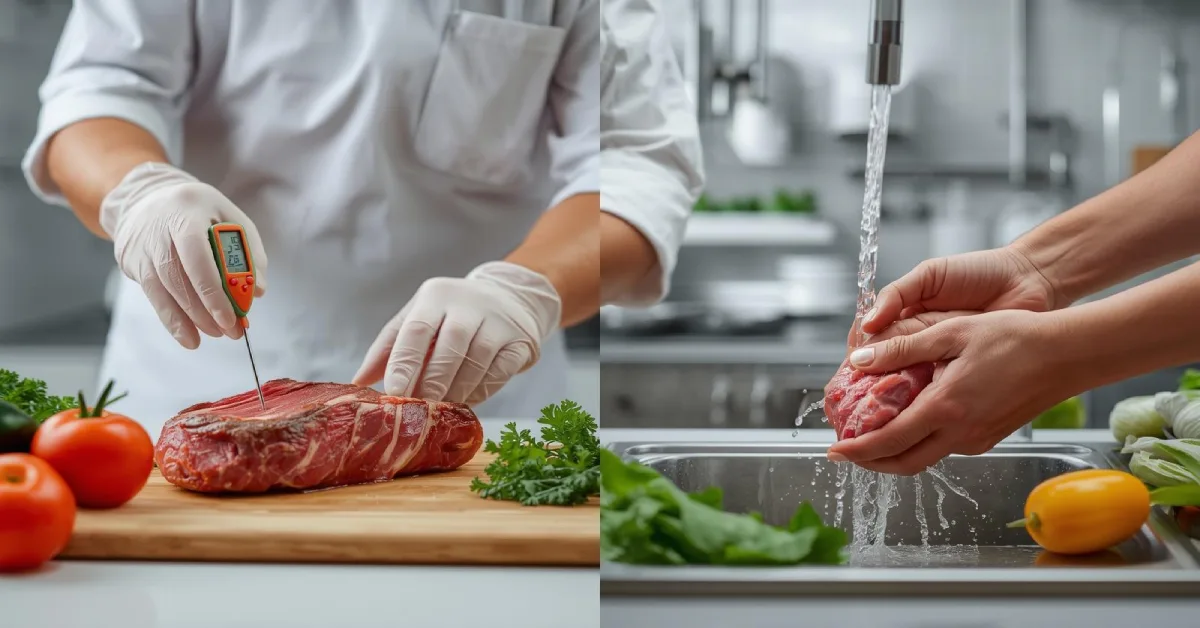 آشپزخانه با شخصی که گوشت را با دماسنج چک میکند و سبزیجات را زیر آب میشوید، نشاندهنده رعایت بهداشت و پیشگیری از آلودگی میکروبی مواد غذایی