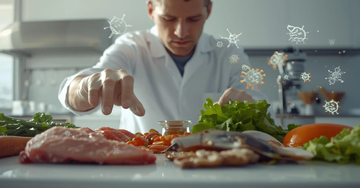 انسان در آشپزخانه با دستکش، در حال بررسی سبزیجات، گوشت و صدفها برای ویروسها و قارچها، همراه با نمایش نمادین میکروبها و کپکها