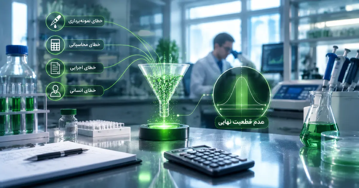 تجمیع خطاهای انسانی و اجرایی در آزمایشگاه با نمونهبرداری دقیق، تجهیزات اندازهگیری، محاسبات آماری، نمودار توزیع خطا و فرآیند تبدیل عوامل خطا به عدم قطعیت نهایی