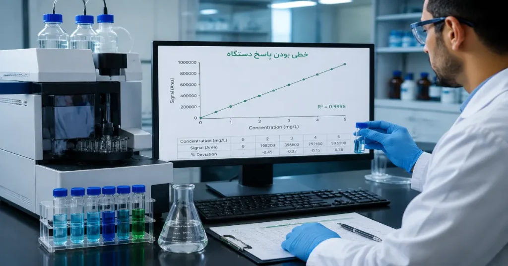 ارزیابی خطی بودن پاسخ دستگاه آزمایشگاهی با بررسی رابطه غلظت نمونه و سیگنال اندازهگیری در فرآیند اعتبارسنجی روش آزمون