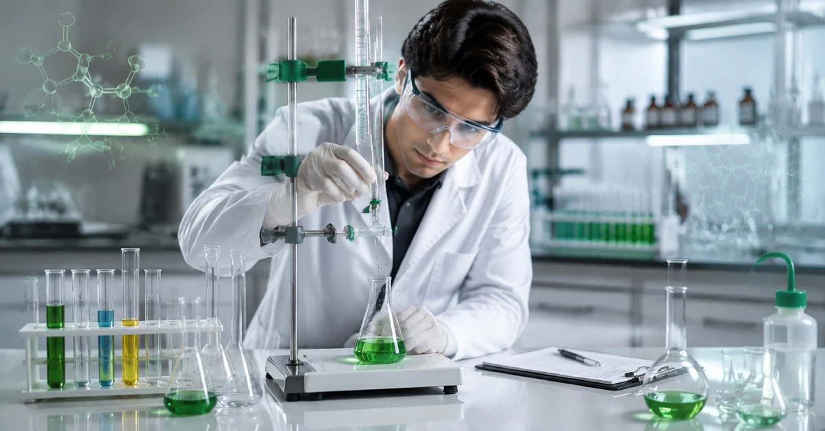 کارآموز آزمایشگاه در حال انجام تیتراسیون شیمیایی با بورت، بالن و محلولهای آزمایشگاهی در محیط شیمی عمومی مدرن