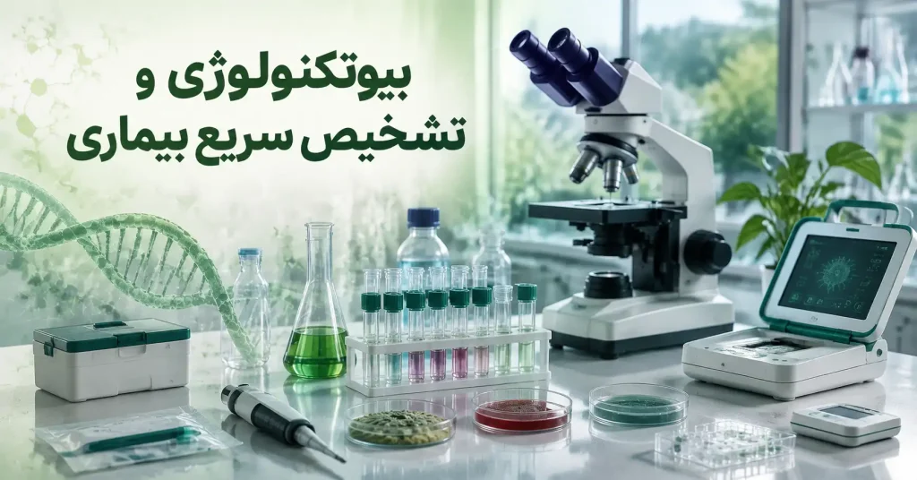 آزمایشگاه بیوتکنولوژی مدرن با تجهیزات تشخیص سریع، میکروسکوپ، کیتهای زیستی، نمونههای آزمایشگاهی و فناوریهای مولکولی برای شناسایی عوامل بیماریزا