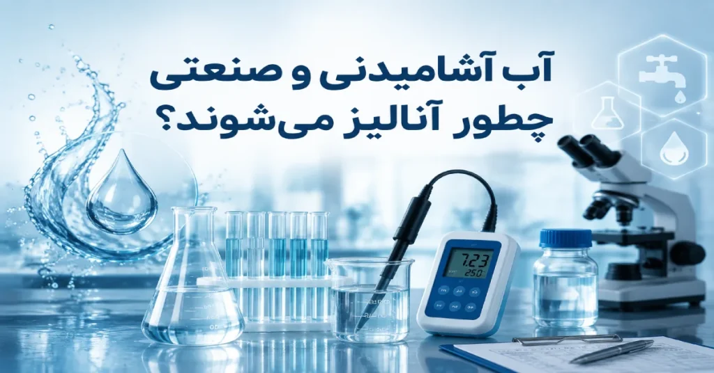آزمایشگاه کنترل کیفیت آب با قطره آب، تجهیزات شیمیایی، نمونههای آزمایشگاهی و دستگاه سنجش پارامترهای آب