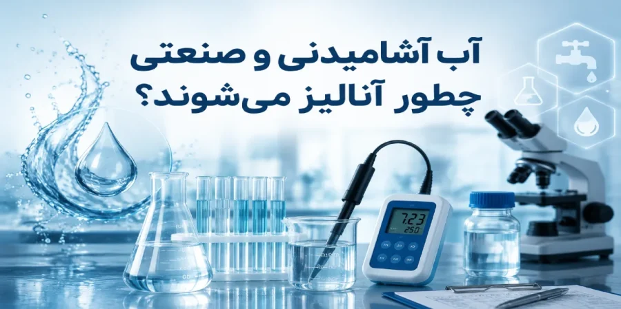 آزمایشگاه کنترل کیفیت آب با قطره آب، تجهیزات شیمیایی، نمونههای آزمایشگاهی و دستگاه سنجش پارامترهای آب