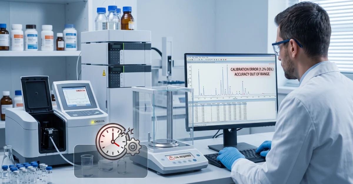متخصص آزمایشگاه در حال بررسی خطای آنالیز دستگاه اسپکتوفتومتر و ترازوی دیجیتال