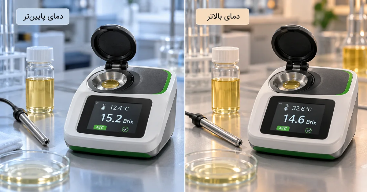 مقایسه اندازه گیری بریکس در دو دمای متفاوت با رفراکتومتر برای نشان دادن اثر دما و جبران خودکار دما بر نتیجه آزمون