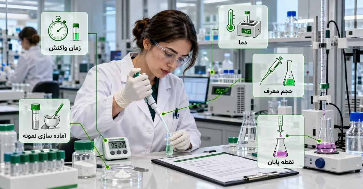 اجرای صحیح روش آزمایش با کنترل زمان واکنش، دما، حجم معرف، آماده سازی نمونه و نقطه پایان برای حفظ اعتبار نتایج آزمایش