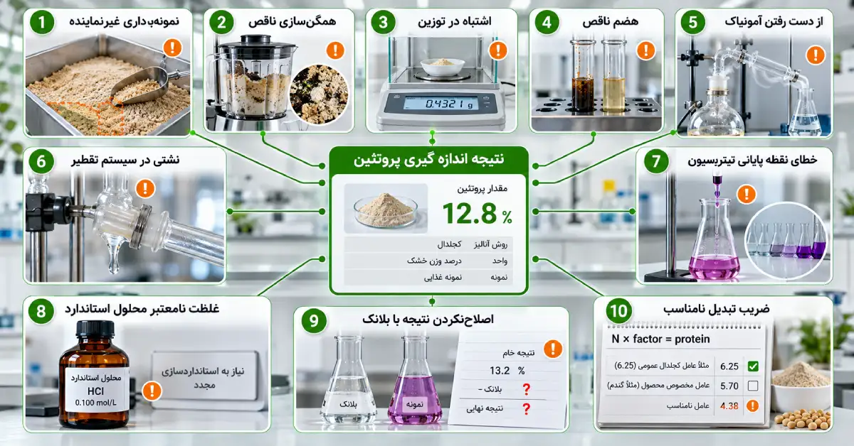 عوامل موثر بر تغییر نتیجه اندازه گیری پروتئین مانند خطای نمونهبرداری، توزین، هضم، تقطیر، تیترسیون و ضریب تبدیل