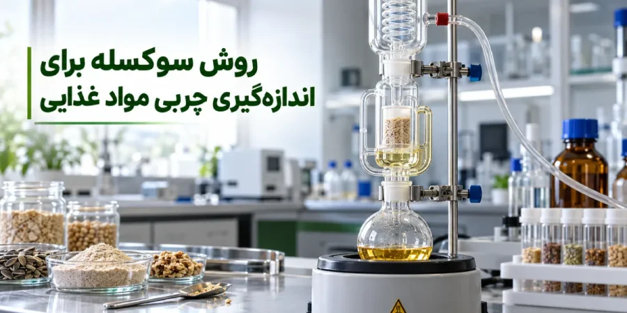 تصویر شاخص روش سوکسله برای اندازهگیری چربی مواد غذایی با نمایش دستگاه استخراج سوکسله، نمونه غذایی و جمعآوری چربی در آزمایشگاه