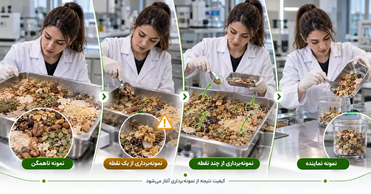 آزمایشگر خانم با موهای دماسبی در چند حالت مختلف هنگام نمونهبرداری از یک محصول غذایی ناهمگن برای نشان دادن اهمیت نمونهبرداری نماینده در اندازه گیری چربی مواد غذایی