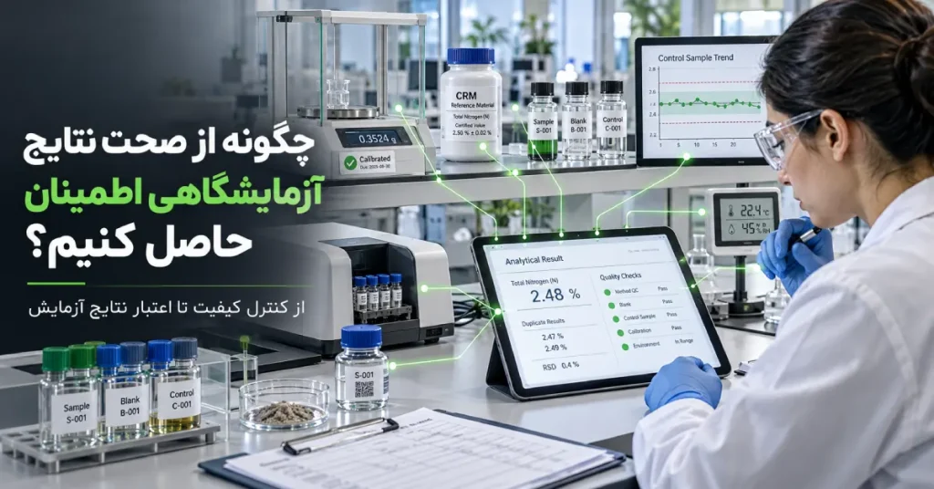 بررسی اعتبار نتایج آزمایش با کنترل نمونه، تجهیزات، مواد مرجع، کنترل کیفیت و بازبینی نهایی در آزمایشگاه