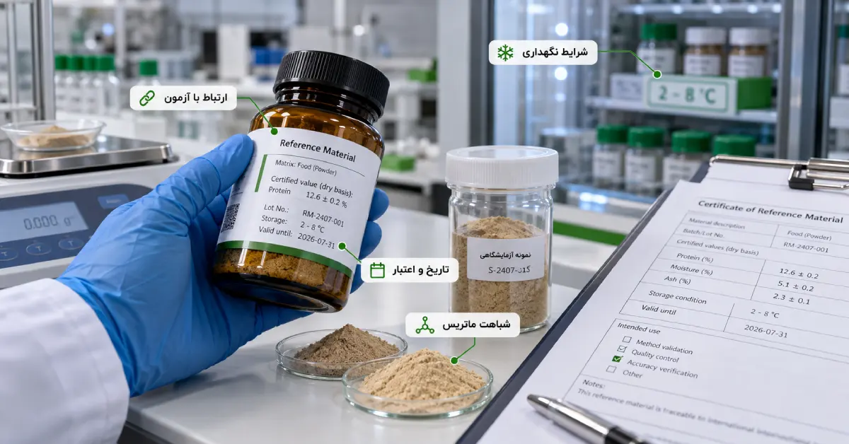 مقایسه ماده مرجع با نمونه واقعی در آزمایشگاه برای بررسی صحت اندازه گیری، همراه با کنترل شرایط نگهداری و اعتبار ماده مرجع